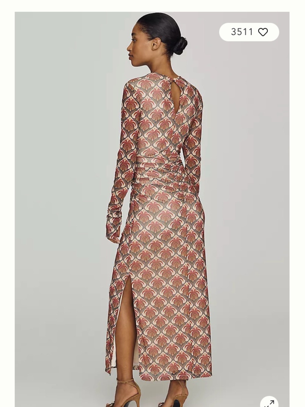 Long Sleeve Rust/Tan/Maroon Patterned Farm Rio Mesh/Rouched Maxi Dress - Picture 3 of 6